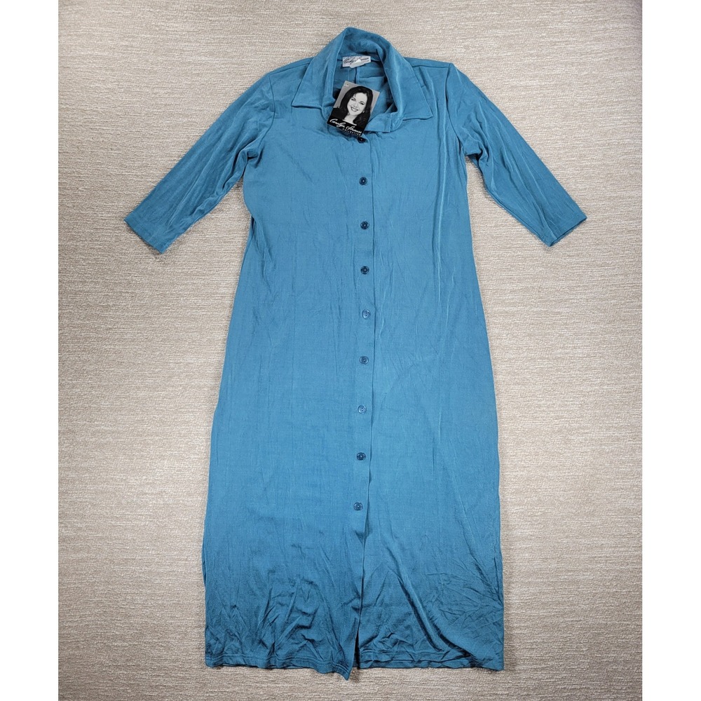 Carolyn Strauss Slinky Shirt Dress Size L Teal 3/4 Sleeve Button Up Maxi NEW